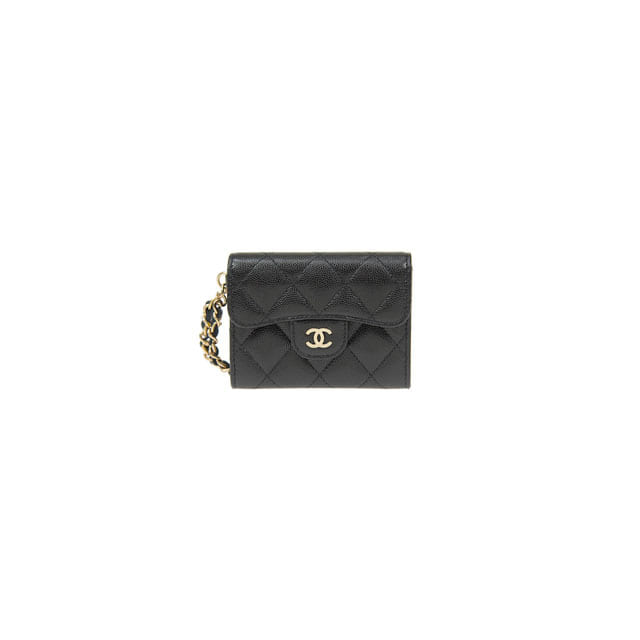 샤넬 클래식 손목 체인 카드 지갑 캐비어 블랙 금장 로고 AP2075 Y33352 C3906